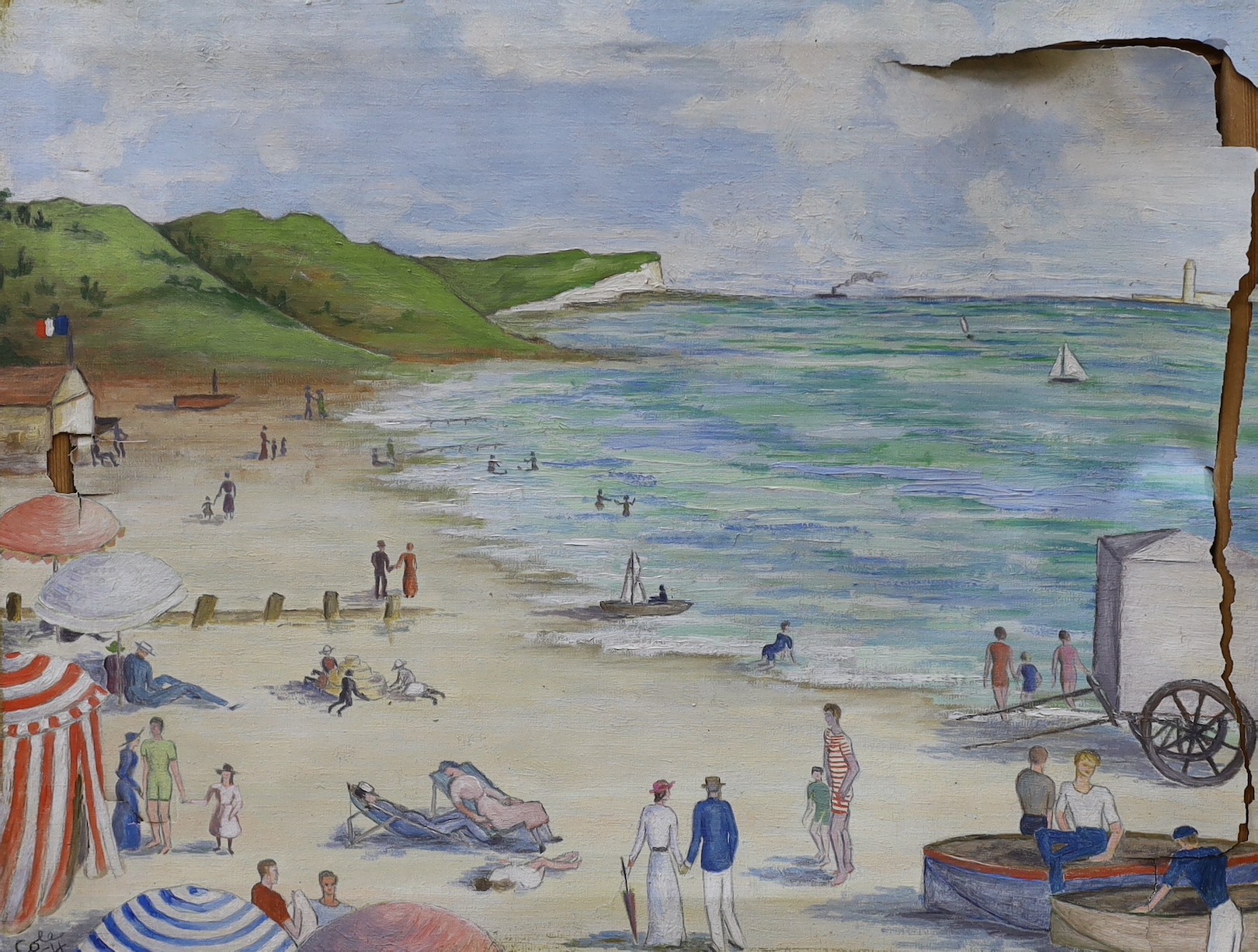 Graham Payn, oil on canvas, Cart in a hay field, 40 x 51cm and a Beach scene signed Cole and dated '54, 36 x 46cm, both unframed